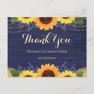 Rustic Navy Wood Sunflower Wedding Thank You Postcard