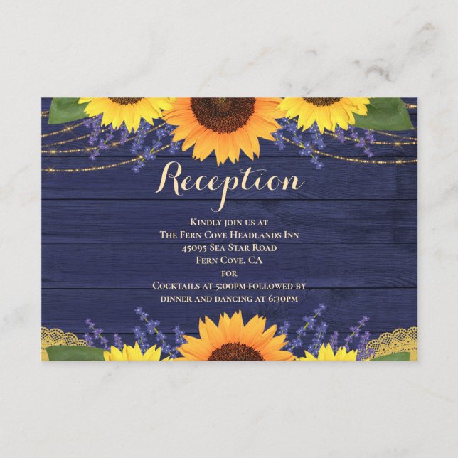 Rustic Navy Wood Sunflowers Wedding Reception Enclosure Card (Front)