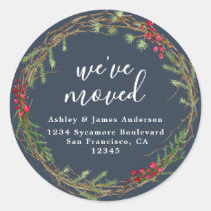 Rustic Navy Wreath We’ve Moved Address Classic Round Sticker