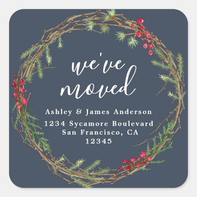 Rustic Navy Wreath We’ve Moved Address Square Sticker (Front)