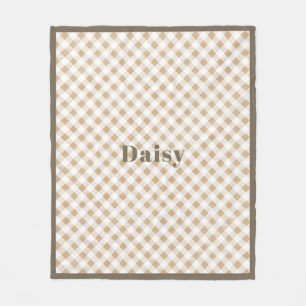 Rustic Neutral Beige Gingham Plaid Name Fleece Blanket