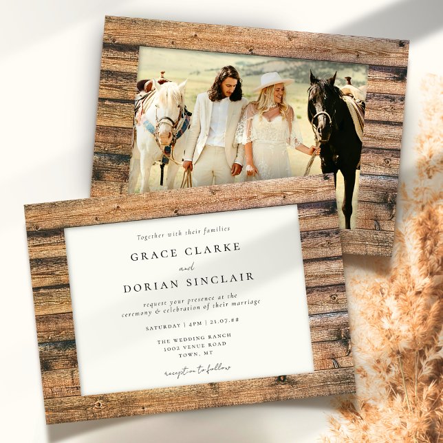 Rustic Neutral Boho Barn Wood Frame Photo Wedding Invitation (Creator Uploaded)