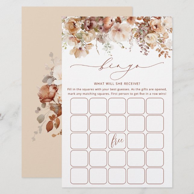 Rustic Neutral Boho Floral Bridal Bingo Game Card (Front/Back)