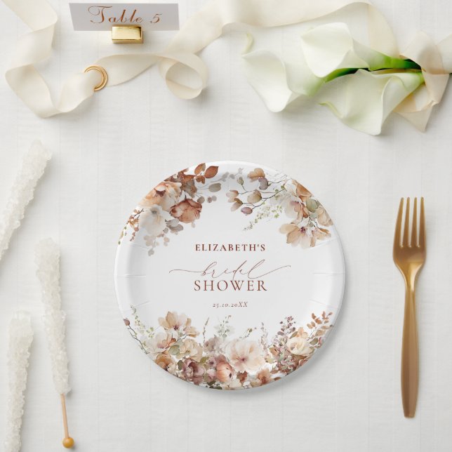 Rustic Neutral Boho Floral Bridal Shower Paper Plate (Wedding)