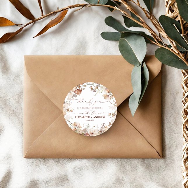 Rustic Neutral Boho Floral Wedding Classic Round Sticker (Creator Uploaded)
