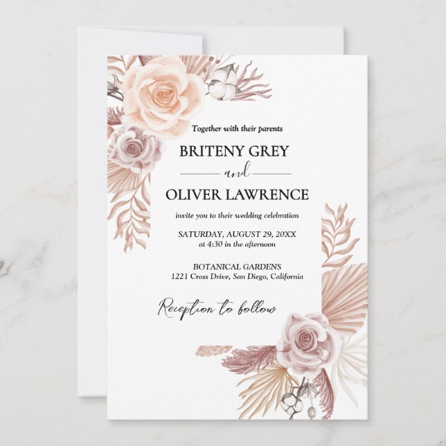 Rustic Neutral Boho Floral Wedding Invitation (Front)