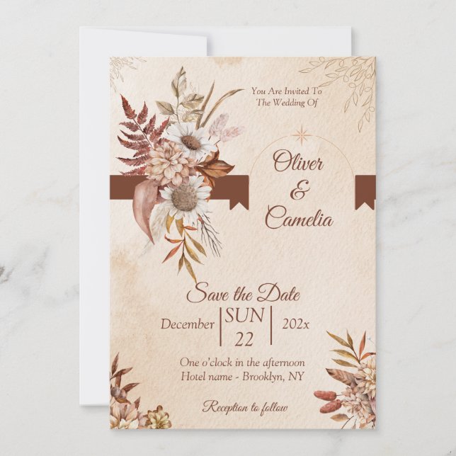 Rustic Neutral Boho Floral Wedding Invitation (Front)