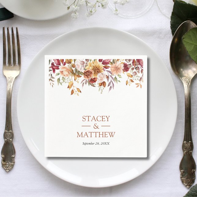 Rustic Neutral Boho Floral Wedding Napkin (Rustic neutral boho floral napkins add warm earthy charm to wedding tables.)