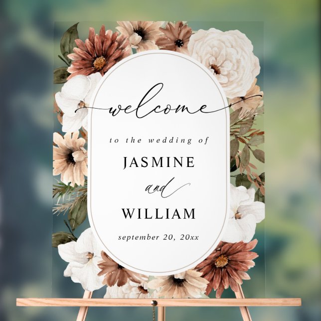 Rustic Neutral Boho Floral Wedding Welcome Acrylic Sign (Neutral)