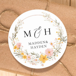 Rustic Neutral Boho Floral Wildflower Wedding Classic Round Sticker