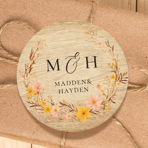 Rustic Neutral Boho Floral Wildflower Wood Look Classic Round Sticker