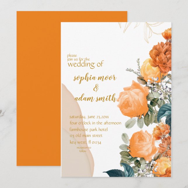 Rustic Neutral Boho orange Floral wedding Invitation (Front/Back)