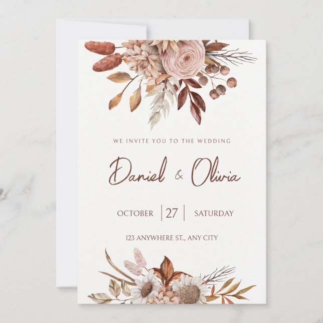 Rustic Neutral Boho Watercolor Floral Wedding  Invitation (Front)