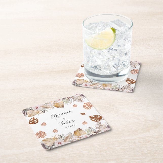 Rustic Neutral Boho Wedding Square Paper Coaster (Insitu)