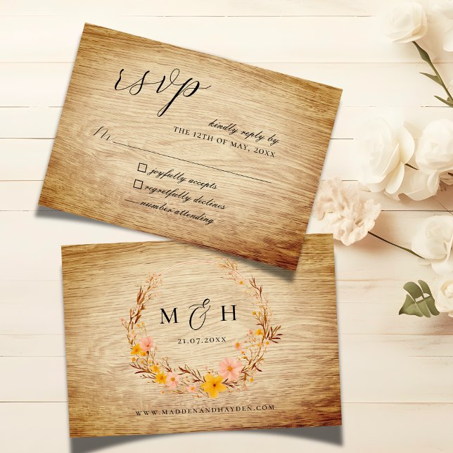 Rustic Neutral Boho Wildflower Wreath Wood Look RSVP Card (Creator Uploaded)