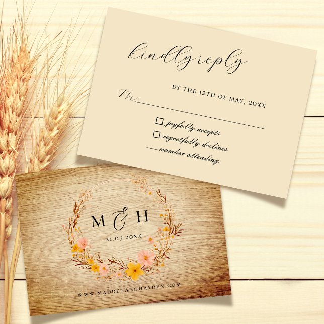 Rustic Neutral Boho Wildflower Wreath Wood Look RSVP Card (Creator Uploaded)