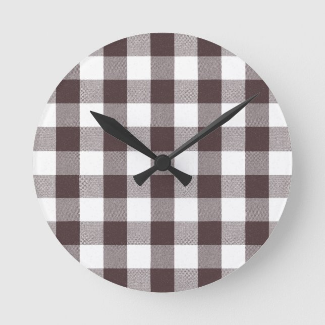 Rustic Neutral Brown White Gingham Buffalo Plaid  Round Clock (Front)