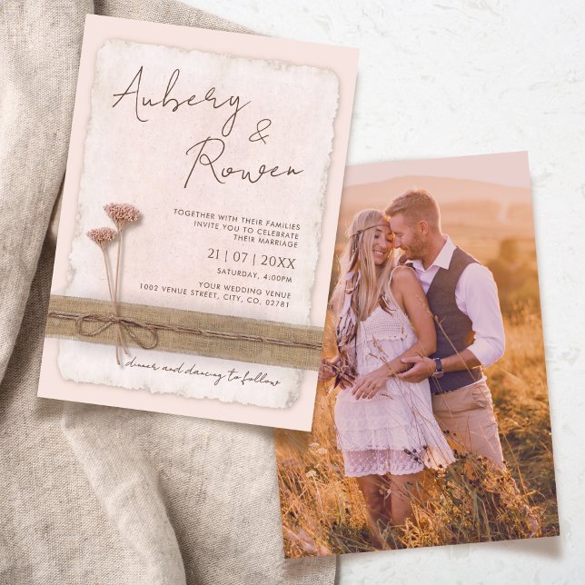 Rustic Neutral Burlap Eco Boho Blush Photo Wedding Invitation (Creator Uploaded)