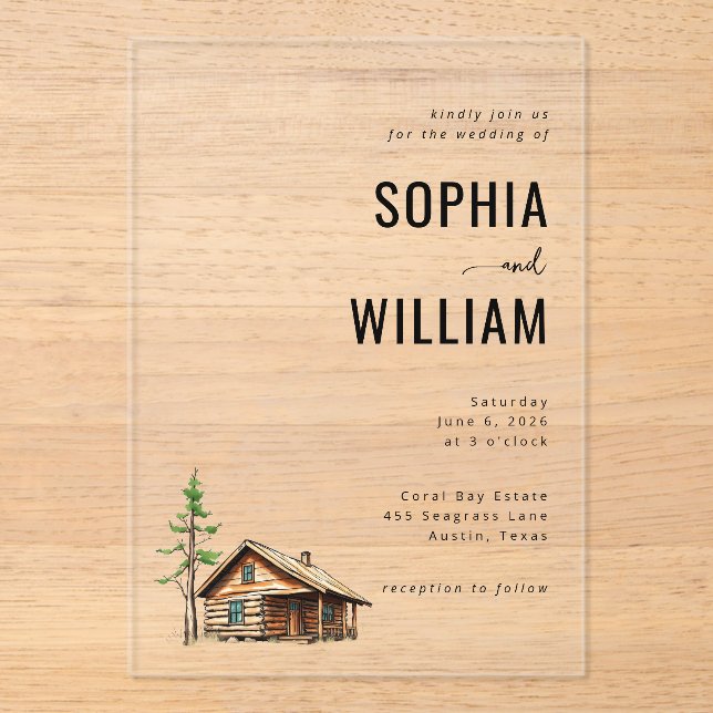 Rustic Neutral Cabin Illustration Acrylic Invitations (Front)
