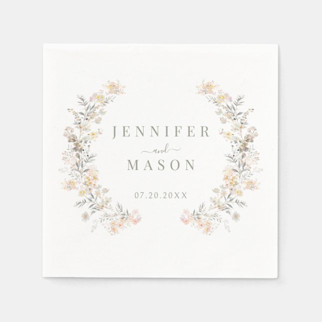 Rustic Neutral Colour Meadow Flower Wreath Wedding Napkin (Front)