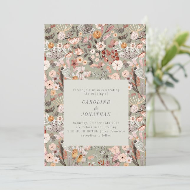 Rustic Neutral Earth Tones Floral Boho Wedding Invitation (Standing Front)