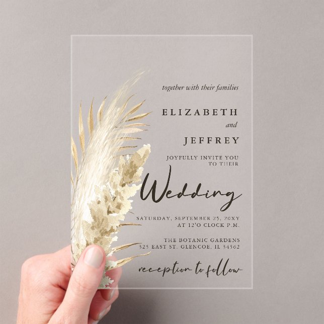 Rustic Neutral Earthy Boho Pampas Grass Wedding Acrylic Invitations (Insitu (Handheld))