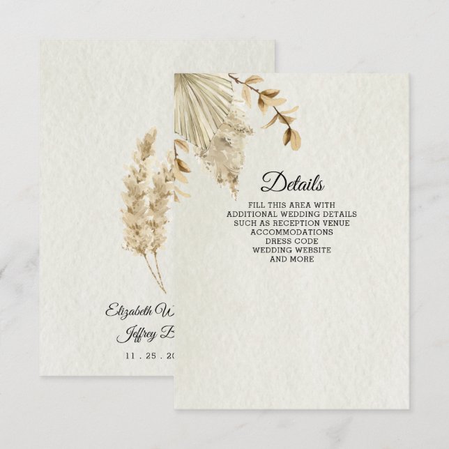Rustic Neutral Earthy Boho Pampas Grass Wedding  Enclosure Card (Front/Back)