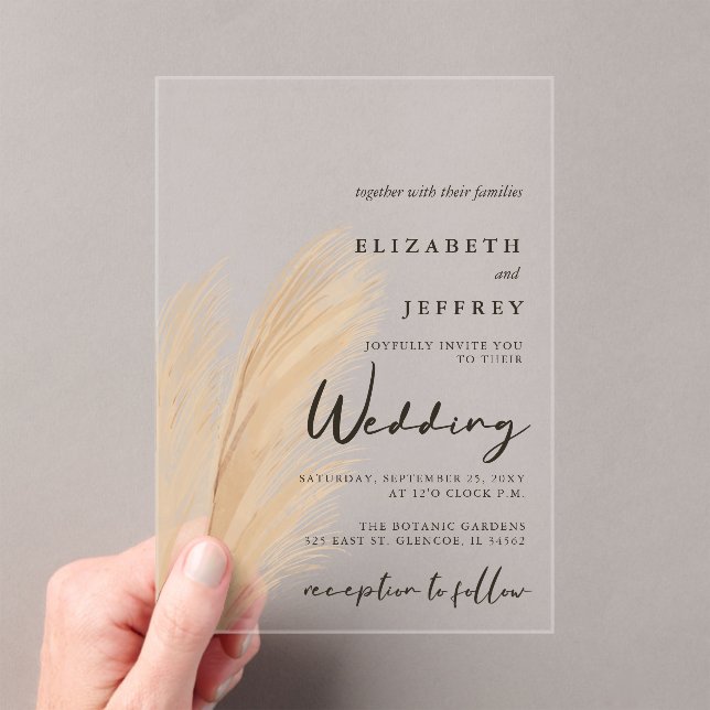 Rustic Neutral Earthy Boho Pampas Grass Wedding In Acrylic Invitations (Insitu (Handheld))