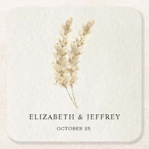 Rustic Neutral Earthy Boho Pampas Grass Wedding Square Paper Coaster