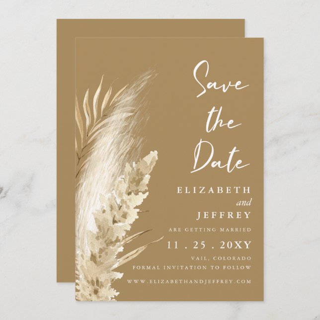 Rustic Neutral Earthy Boho Pampas Save the Date   Announcement (Front/Back)