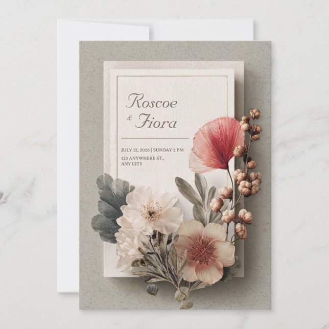 Rustic Neutral Floral Wedding Invitation (Front)