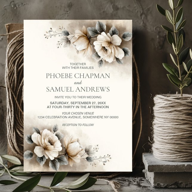Rustic Neutral Floral Wedding Invitation (Creator Uploaded)