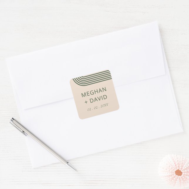 Rustic Neutral Green Arched Modern Wedding Square Sticker (Envelope)