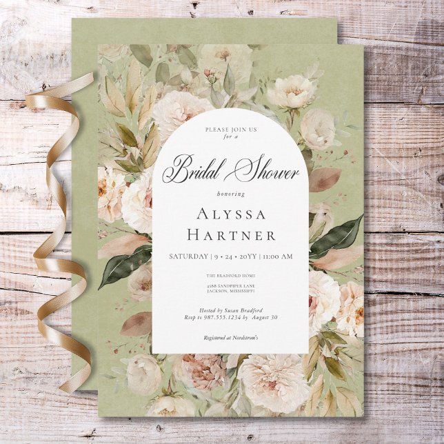 Rustic Neutral Tan Green Floral Arch Bridal Shower Invitation (Rustic Neutral Tan Cream Green Arch Bridal Shower Invitation)