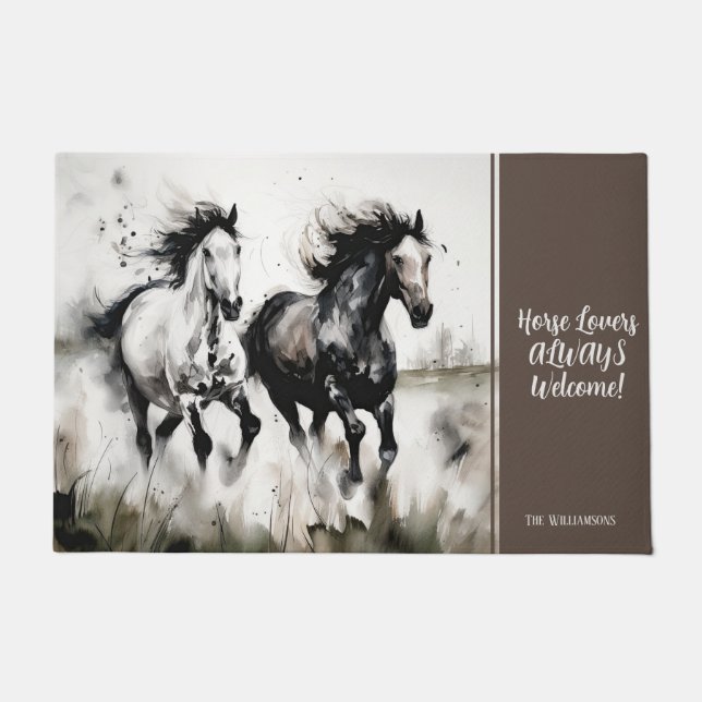 Rustic Neutral Watercolor Running Horses Custom Doormat (Front)