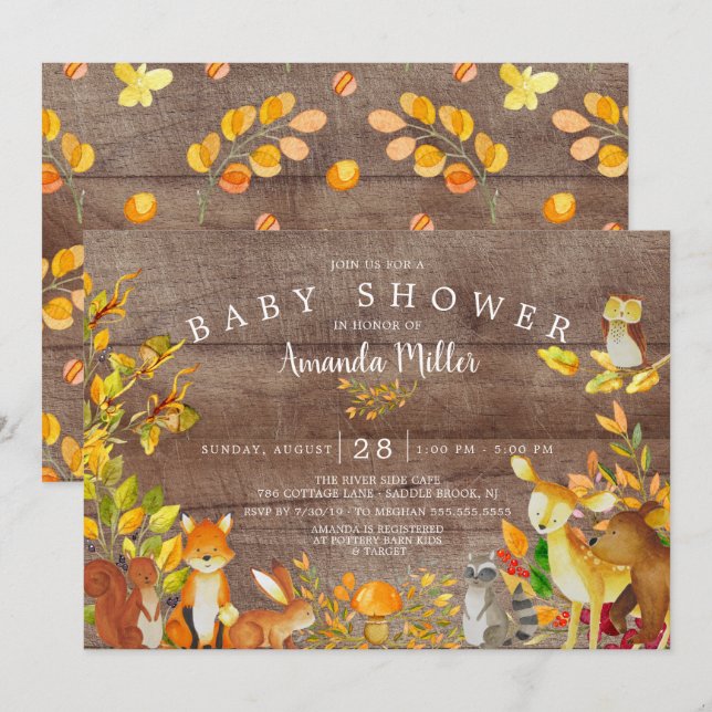 Rustic Neutral Woodland Forest Animals Baby Shower Invitation (Front/Back)