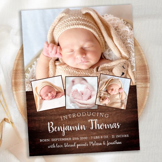 Rustic New Baby Custom 4 Photo Birth Announcement Postcard (Creator Uploaded)