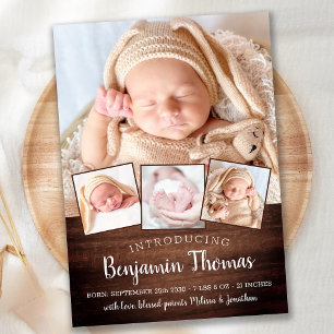 Rustic New Baby Personalised 4 Photo Collage Birth Announcement
