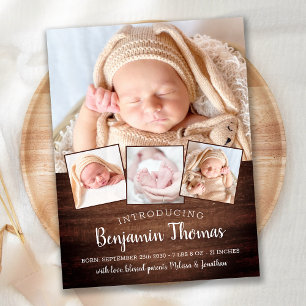 Rustic New Baby Personalised 4 Photo Collage Birth Announcement Postcard