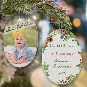 Rustic New Grandparents 1st Christmas Photo Ceramic Tree Decoration