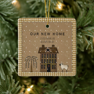 RUSTIC NEW HOME SALTBOX HOUSE PERSONALIZED CERAMIC ORNAMENT