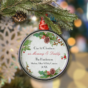 Rustic New Mum & Dad 1st Christmas Milestone Metal Tree Decoration