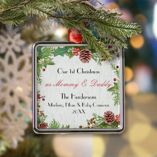 Rustic New Mum & Dad 1st Christmas Milestone Metal Tree Decoration