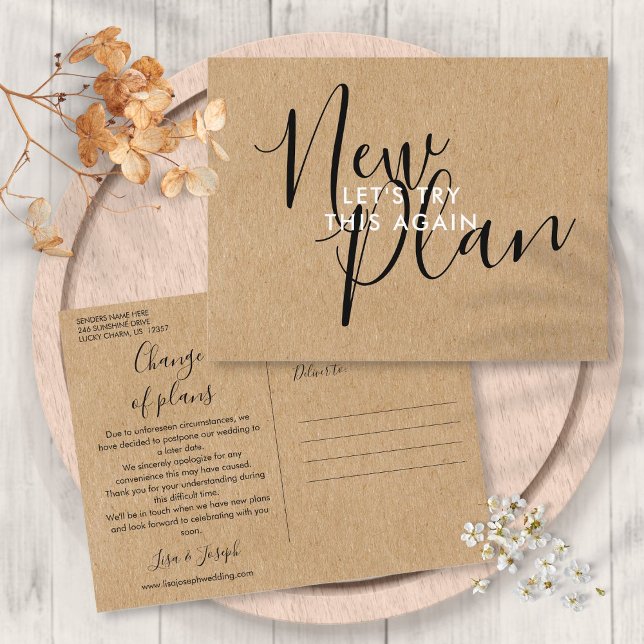 Rustic New Plan Change the Date Postponed Event Announcement Postcard (Rustic New Plan Change the Date Postponed Event Announcement Postcard)