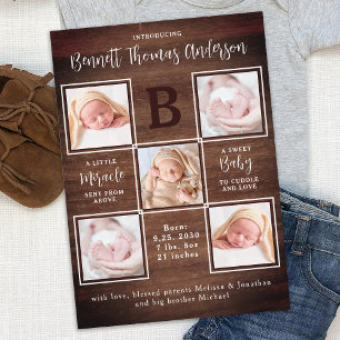 Rustic Newborn Baby Personalised 5 Photo Birth Announcement