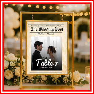 Rustic Newspaper Wedding Table Number with Photo