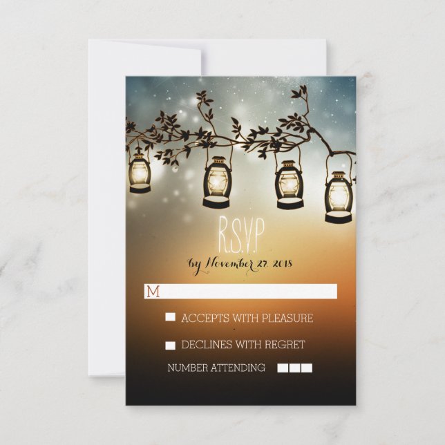 rustic night lights - lanterns wedding RSVP cards (Front)