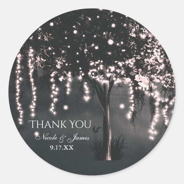 Rustic Night Mossy Tree Lights Wedding Favour Classic Round Sticker (Front)