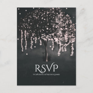 Rustic Night Mossy Tree Lights Wedding RSVP Invitation Postcard