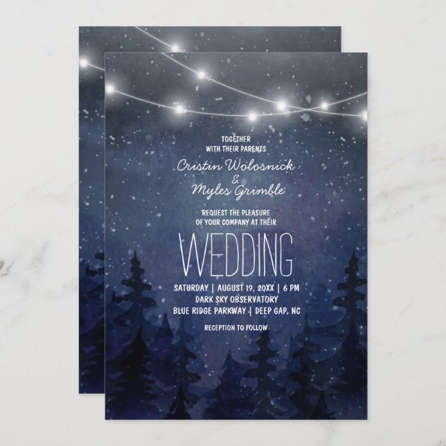 Rustic Night Sky Forest Wedding | String Lights Invitation (Front/Back)